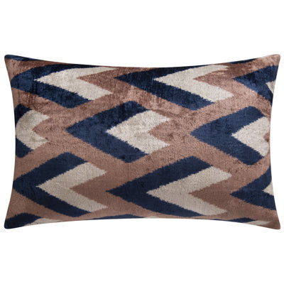 Handmade Geometric Silk Velvet Throw Pillow - 16X24, Navy And Taupe Chevron Pattern With Down Feather Insert
