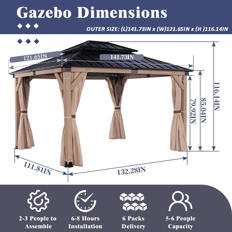 13 Ft. W x 11 Ft. D Cedar Wood Patio Gazebo with Double Metal Roof Hardtop Gazebo