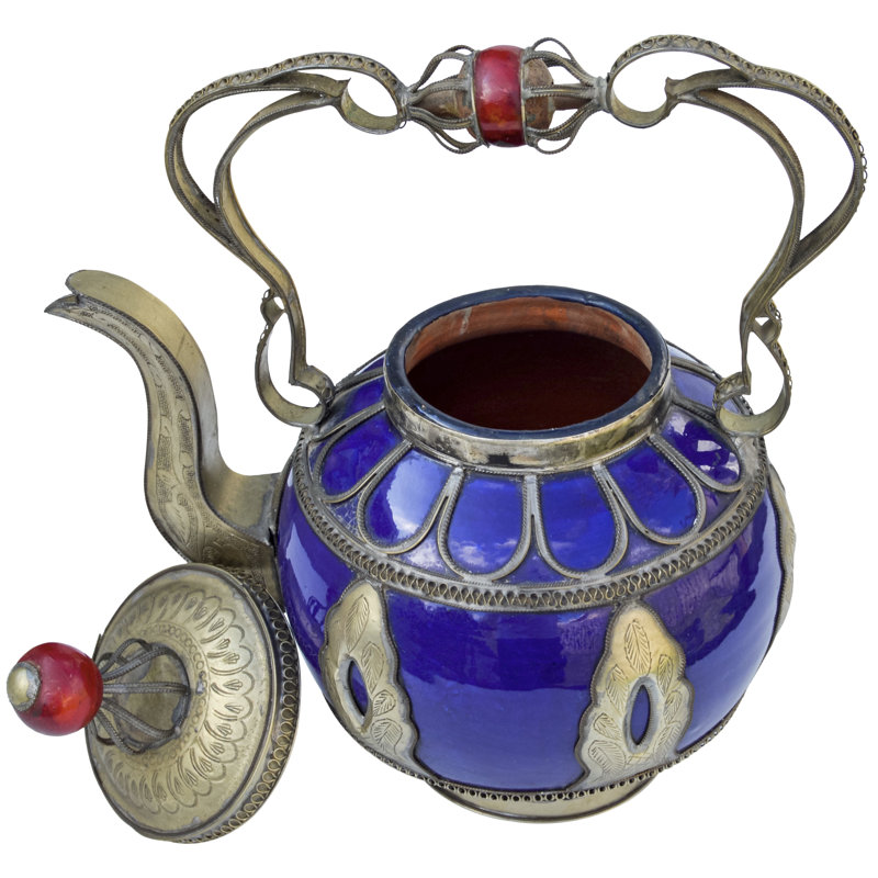 Vintage Moroccan Blue Ceramic Kettle With Silver Engravings