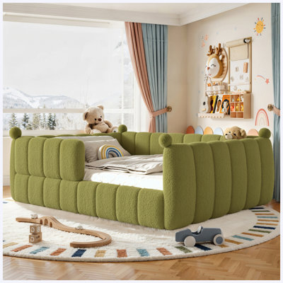 Green Queen Size Kids Upholstered Montessori Floor Bed with Full Safety Rails, Low-Profile Child Bed Frame