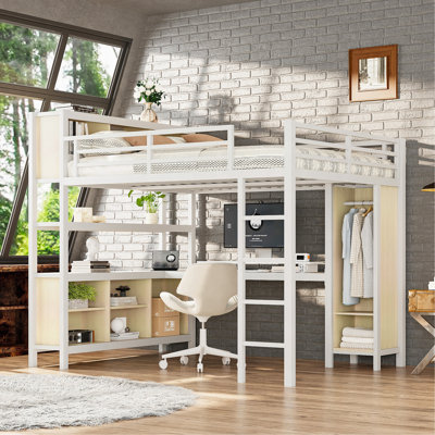 Metal Loft Bed With Wardrobe And L-Shaped Desk, Queen Size Loft Bed With Storage Cubes And Shelves, Heavy Duty Loft Bed For Kids Teens Adults, White Wood-Grain