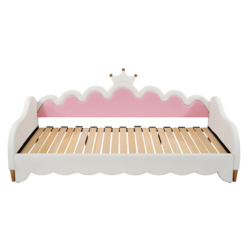 Extending Daybed with LED Lights, Modern Upholstered Princess Daybed, Pink/White