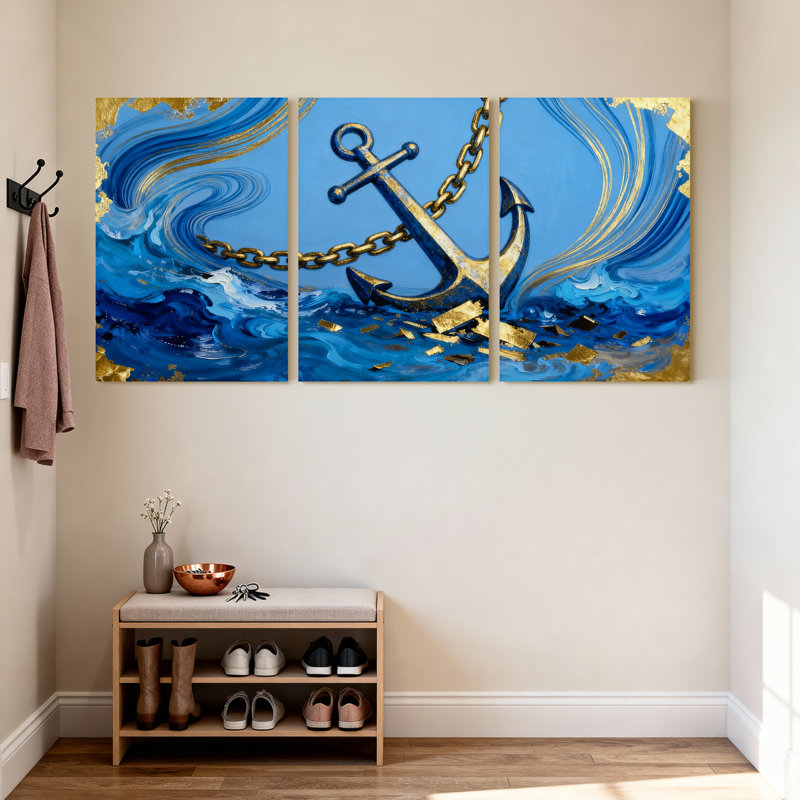 Anchor Chain Waves Gold Blue Ocean, ensemble de 3 impressions sur toile, H 18 po x l 36 po