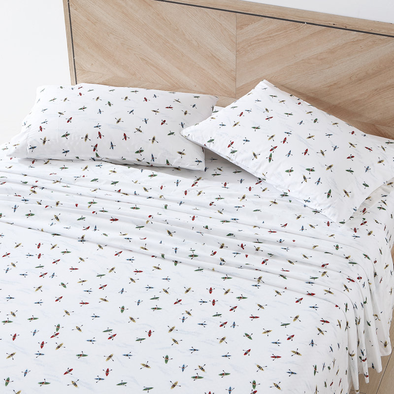 Shasta Lake Cotton Percale Standard Sheet Set, King Sheet Set with 2 Pillowcases, Kayaks
