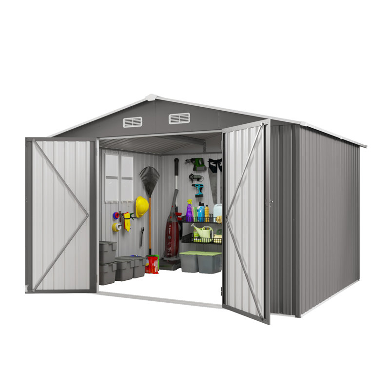 Remise de rangement extérieure en métal gris 10 x 8 pi avec loquet verrouillable sur les portes doubles, fenêtres d'aération, pour la cour, le patio, les tondeuses à gazon idéales, les chaises, la structure en gris, faite de générateurs de rangement, de vélos,
