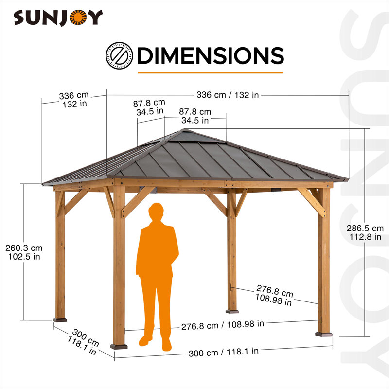 Sunjoy Hardtop Gazebo 11 x 11 ft. Cedar Framed Wood Gazebo with Brown Steel and Polycarbonate Hip Roof Hardtop for Garden, Backyard Shade