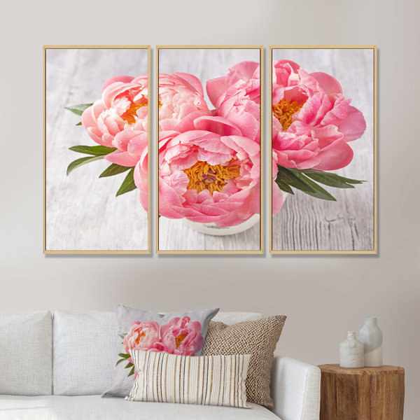 Ebern Designs Peony Flowers On White Floor Framed On Canvas 3 Pieces ...