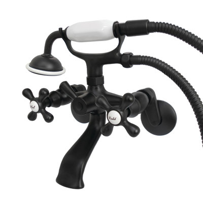 Robinet de baignoire sur pattes à deux poignées et à deux trous avec pomme de douche à main Kingston Brass
