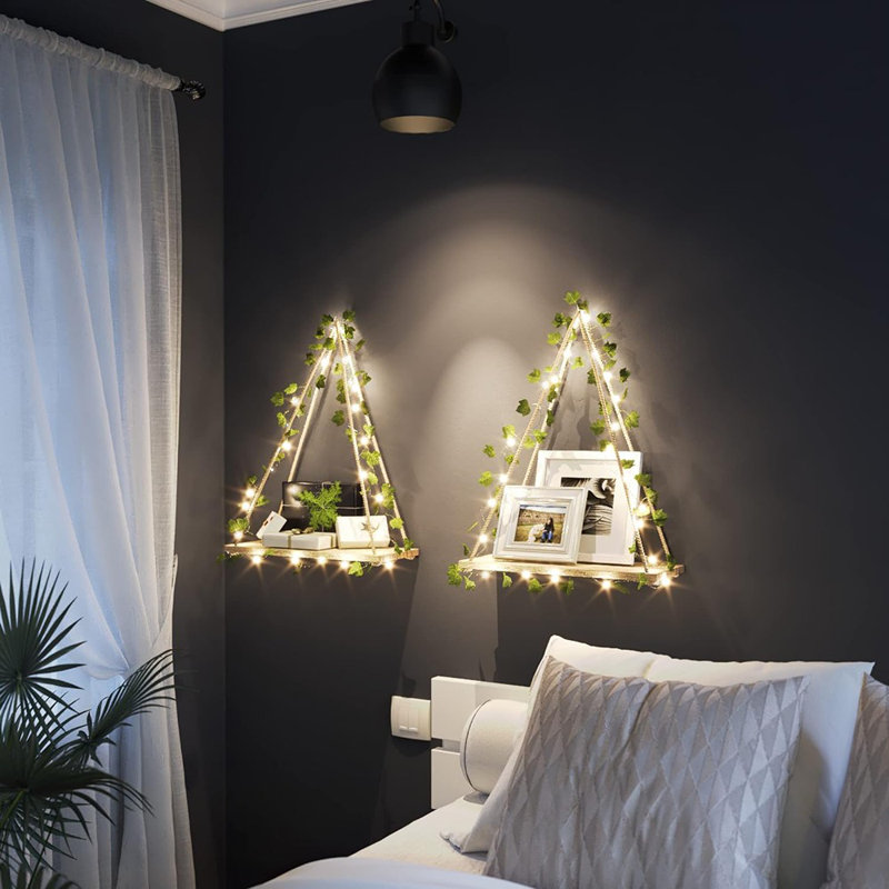 Artificial Ivy Led-strip Wall Hanging Shelves Set Of 2, Macrame Shelf For Bedroom Bathroom Living Room Kitchen, Wood Hanging Plant Shelves For Wall Décor