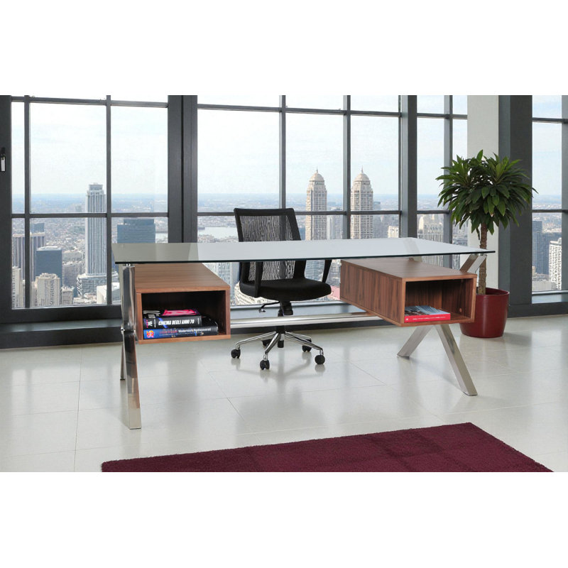 Table de travail contemporaine avec 4 tiroirs Beverly, Noyer / argenté