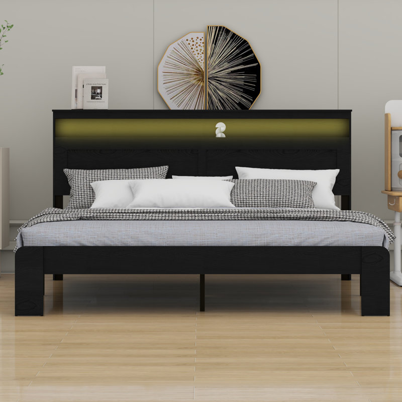 Wood Platform Bed Frame With Storage LED Light Headboard And 2 USB，Large Under Bed Storage, Dark Black
