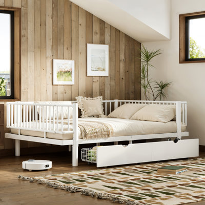 Full Size Platform Bed with Storage Drawers, Metal Daybed Frame with Upgraded Safety Round-Pipe Design, Low Profile Design, White