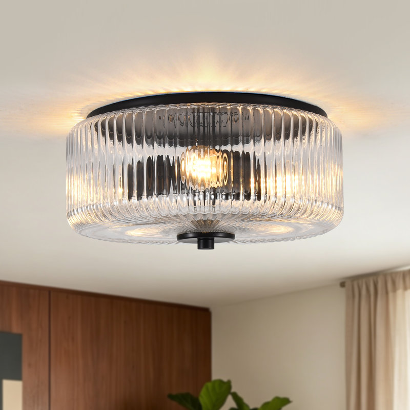 Plafonnier encastré cylindrique en verre nervuré à 3 lumières à intensité variable - 11,81 po, Noir mat