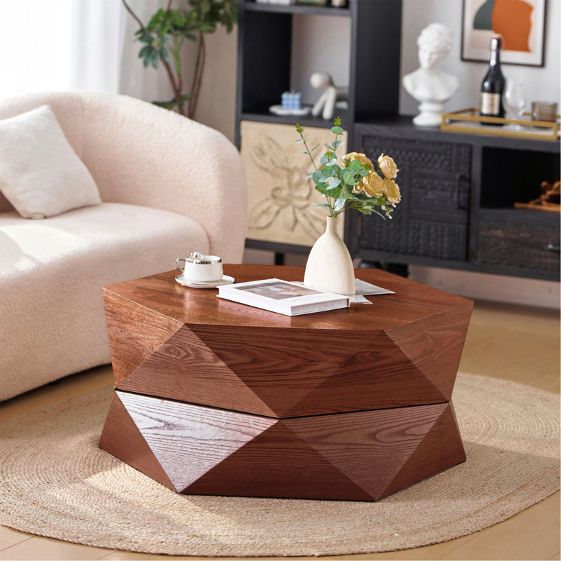 Table basse de 36,61 po de style rétro avec plateau rabattable en Polygone, espace caché rabattable, table basse cylindrique en placage de bois massif avec rangement pour le salon, la chambre à coucher et le bureau, brun rougeâtre