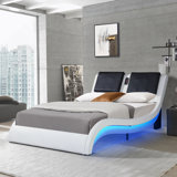 Faux Leather Upholstered Platform Bed Frame with led lighting ,Bluetooth connection to play music /RGB control,Backrest vibration massage,Curve Design, Wood Slat Support, No Box Spring Needed