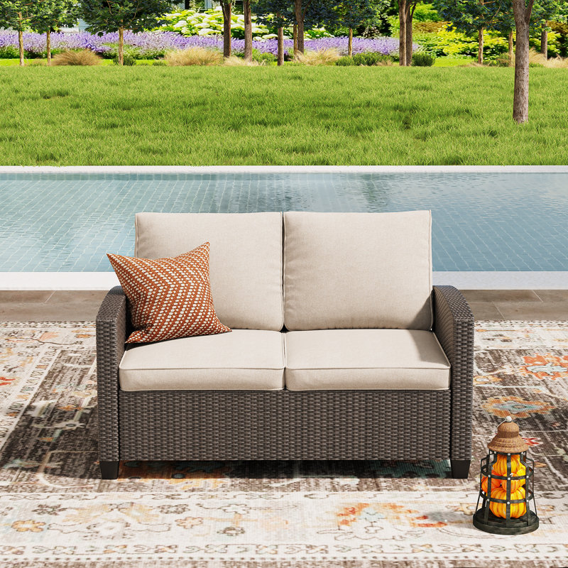 Outdoor Wicker Loveseat | All-Weather Durable for Patio/Balcony/Terrace | Modern Design with Cushions, Sand