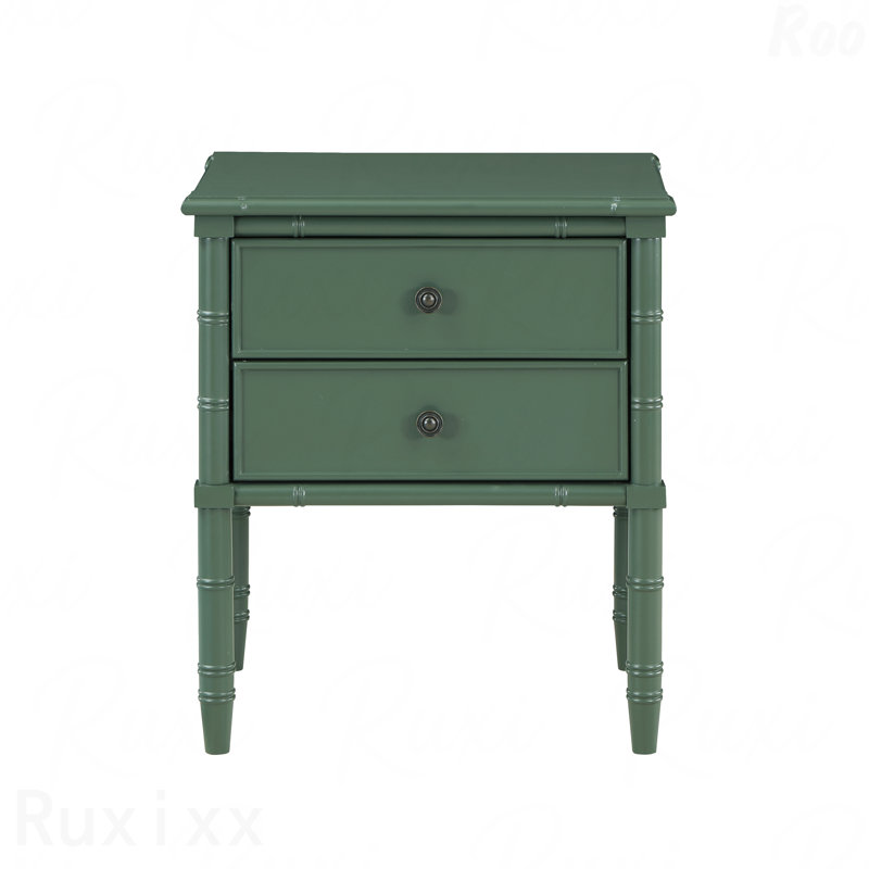 Vintage Green 2-Drawer Nightstand with Bamboo Carved Legs