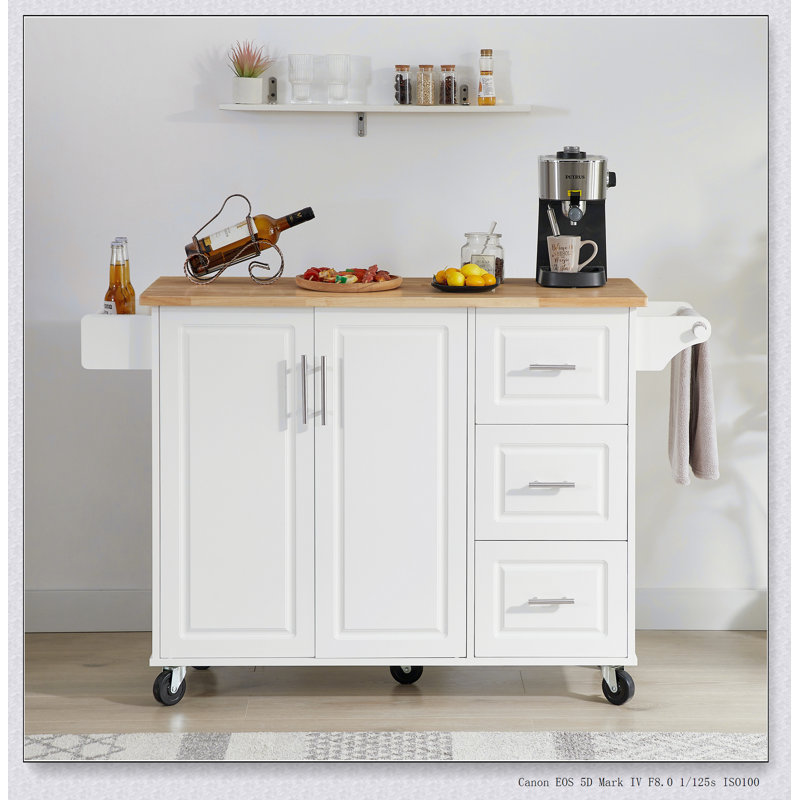 Kitchen Island with Drop Leaf Countertop, Kitchen Island Cart, Barn Door Kitchen Island Table, White