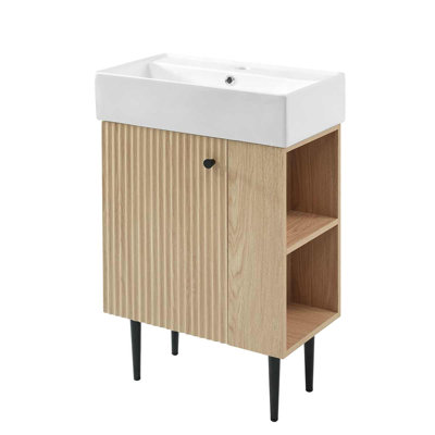 21.6 Inch Freestanding Bathroom Vanity With Ceramic Basin For Small Bathrooms, Side Storage