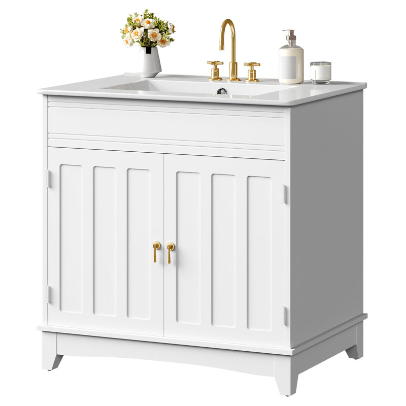 Freestanding Bathroom Vanity with Ceramic Sink Farmhouse Bathroom Sink Cabinet with Door-mounted Shelves, White