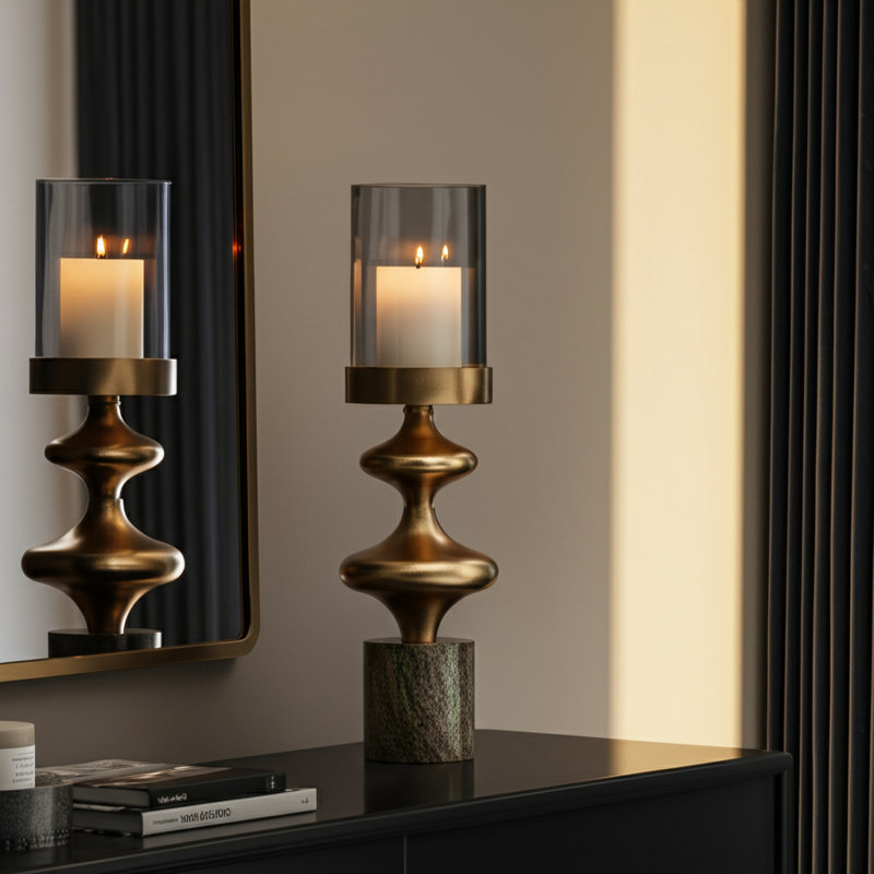 Pillar Holder with Sculptural Aluminum Body, Marble and Stone Base, Textured Glass Top, Glam Luxe Style, Contemporary Accent in Sleek Metal Design for Elegant Modern Decorative Display