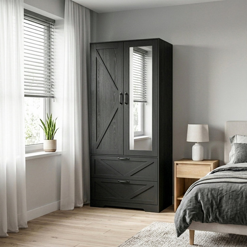 Armoire 71 po H avec miroir, capteur de lumière, tiroirs et tringle, Black