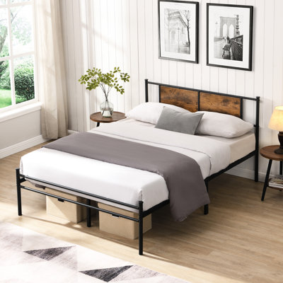 Black King Bed Frame Featuring Wood Panel Decorated Headboard, Strong Metal Structure For Stability, Quiet Operation, 10.8" Under Storage, Simple Assembly, Compatible With All Mattresses Headboard