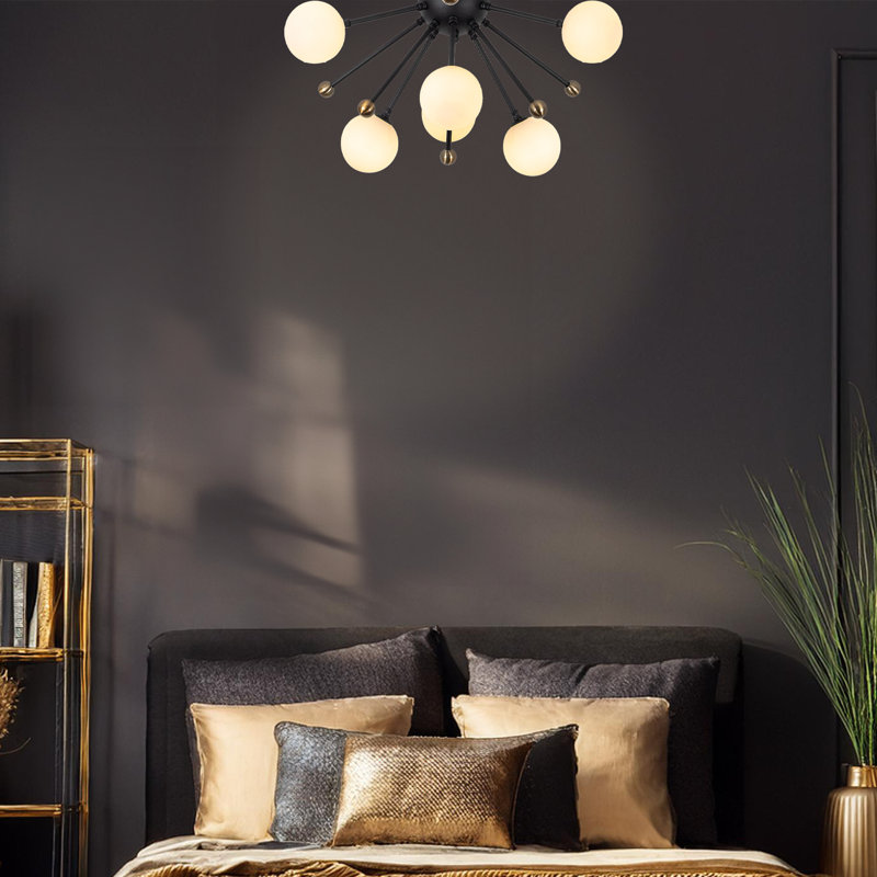 6 Lights Metal Body Semi Flush Mount With Glass Cap, Black/Antique/White
