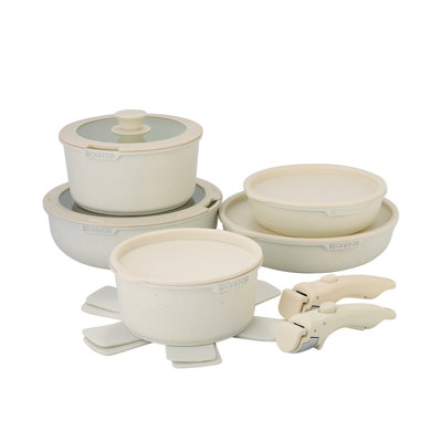 Ensemble de casseroles antiadhésives pour la cuisine, ensemble de casseroles en aluminium enduit de céramique facile à nettoyer de 17 pièces, cadeau parfait pour la famille, casseroles de 7 po et 8 po, poêles à frire de 8 po et 10 po. Poêle à frire de 10 po de profondeur, 2 poignées détachables, 3 couvercles de rangement en PP, 5 protecteurs de casseroles,
