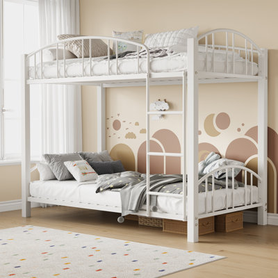 Space-Saving Heavy Duty Metal Twin Over Twin Bunk Bed – Stairs, Arched Guardrail & Safety Ladder, Sturdy Frame, Noise-Free, No Box Spring Needed – White, TWIN Size