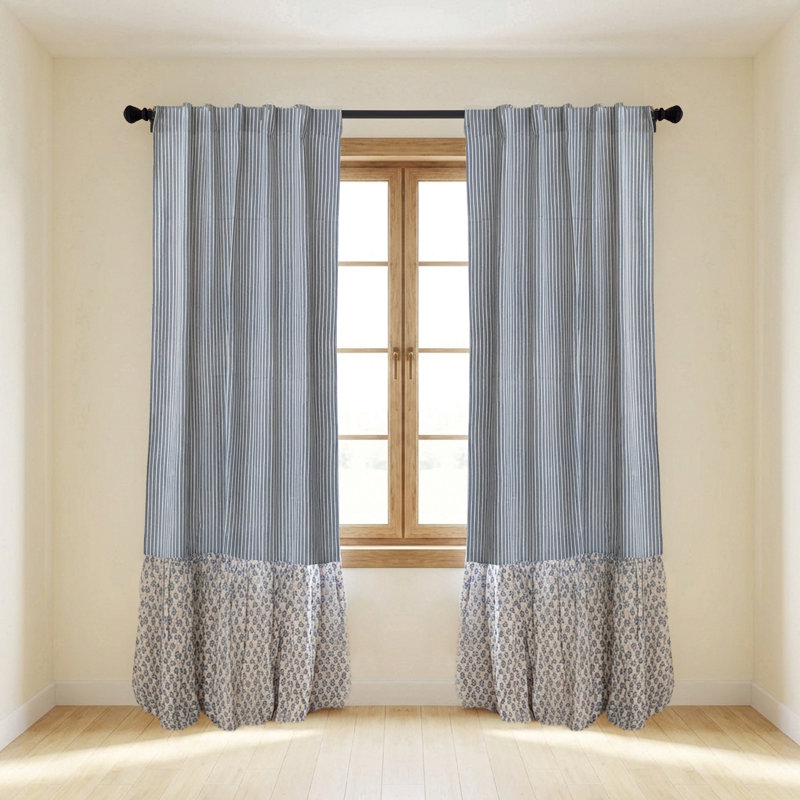 Rideaux rayés en coton et lin avec bordure à volants floraux