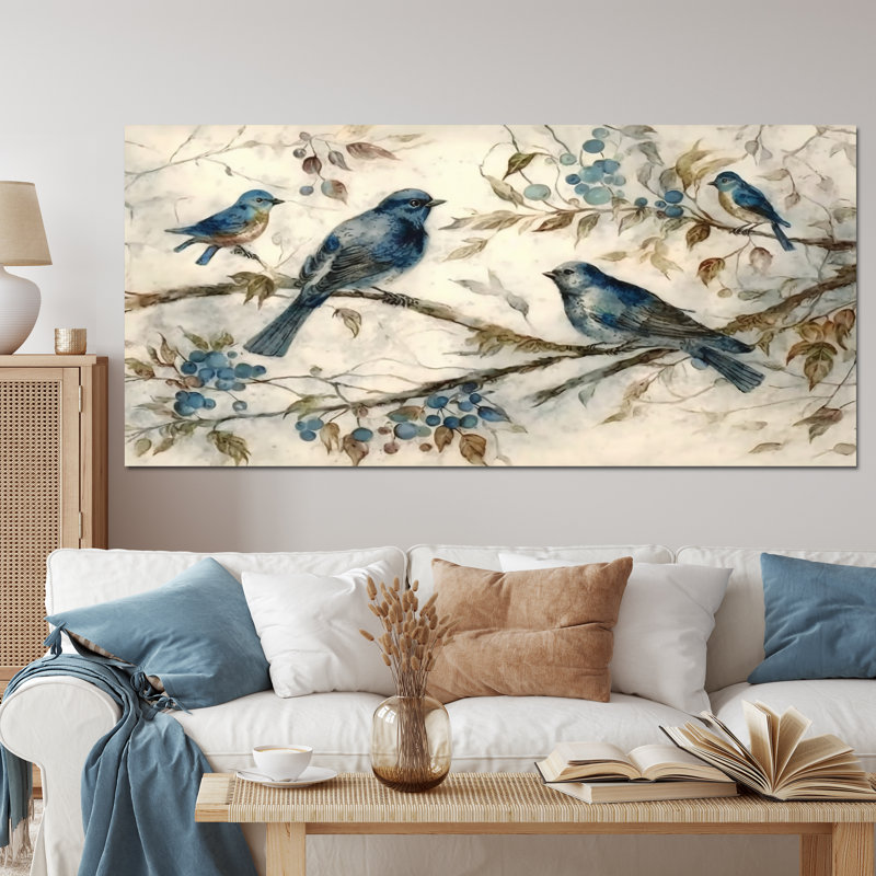 Quatre oiseaux bleus rétro sur une branche IV - Art mural oiseau, Toile tendue, 30" H x 40" W