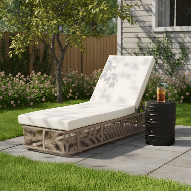 Marienthal Patio 2-Piece Weave Rope Chaise Lounge & Concrete Side Table Set With Adjustable Backrest & Cushions