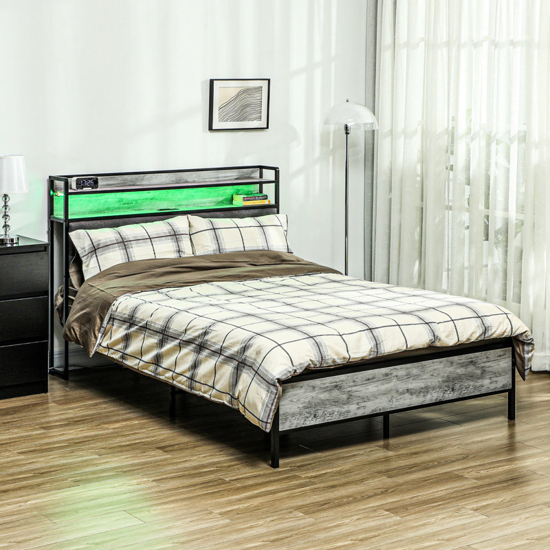 Platform Bed Frame - Full Size With Storage Headboard, Led Lights, Charging Outlets, Quiet, Easy Assembly, No Box Spring, Cement Gray Upholstered Station Noise- Assembly Spring