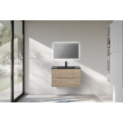 Passonno Bathroom Wall-mounted Single Sink Vanity With Black Quartz Sand Top And Natural Wood Finish Vanity
