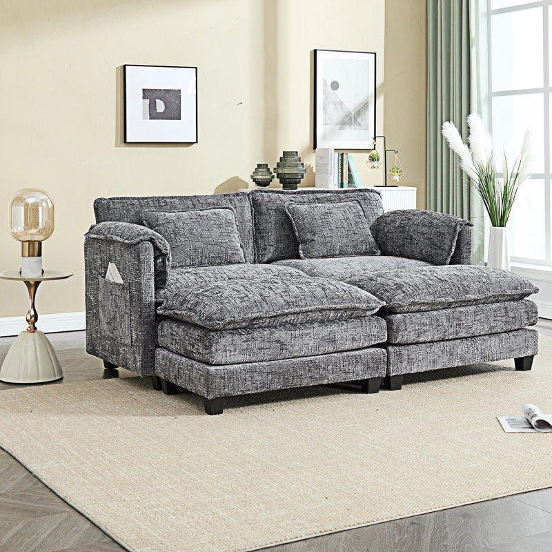 Zuri Upholstered 2-Seater Sectional Sofa with Ottomans, Gray Chenille