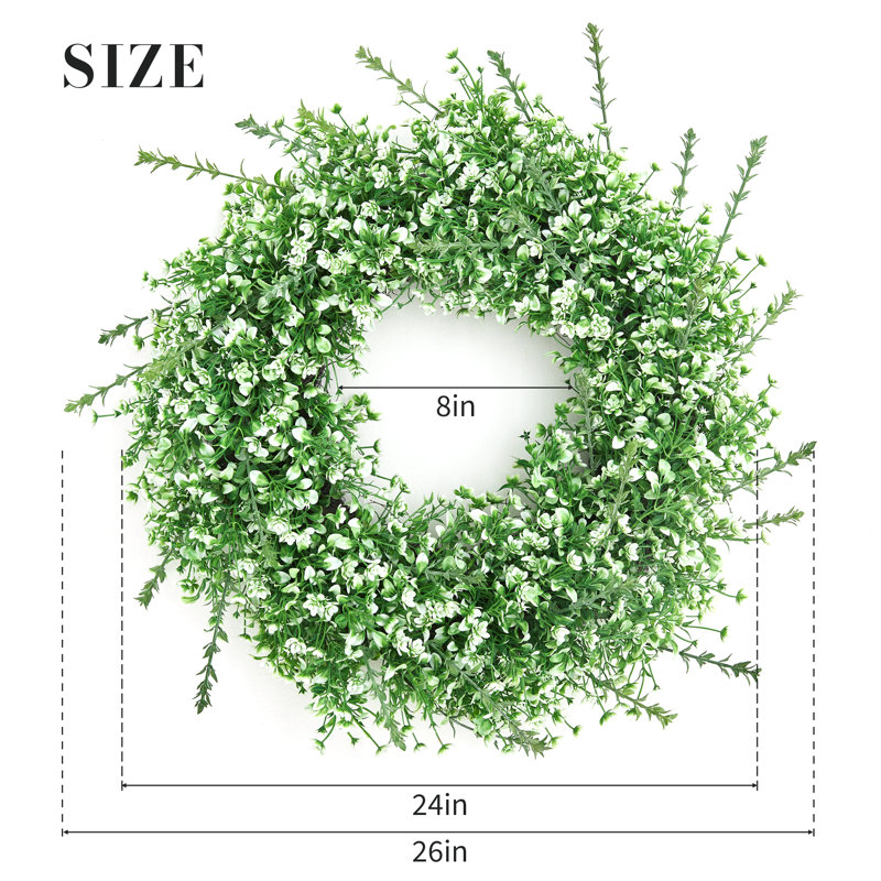 Couronne artificielle de 66 cm avec graines blanches – Décoration de porte en fausse verdure, style champêtre, idéale pour le printemps, l'été et toutes les saisons, verte