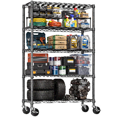 Étagère mobile à 5 niveaux en fil métallique de 135 cm (53 po) avec tablettes réglables, idéale pour le garage, la cuisine et la buanderie, noir mat.