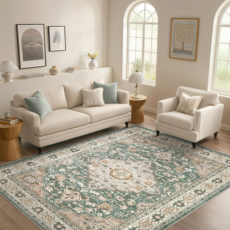 Tapis oriental lavable Aasen Boho, Vert, Rectangulaire 8 pi x 10 pi
