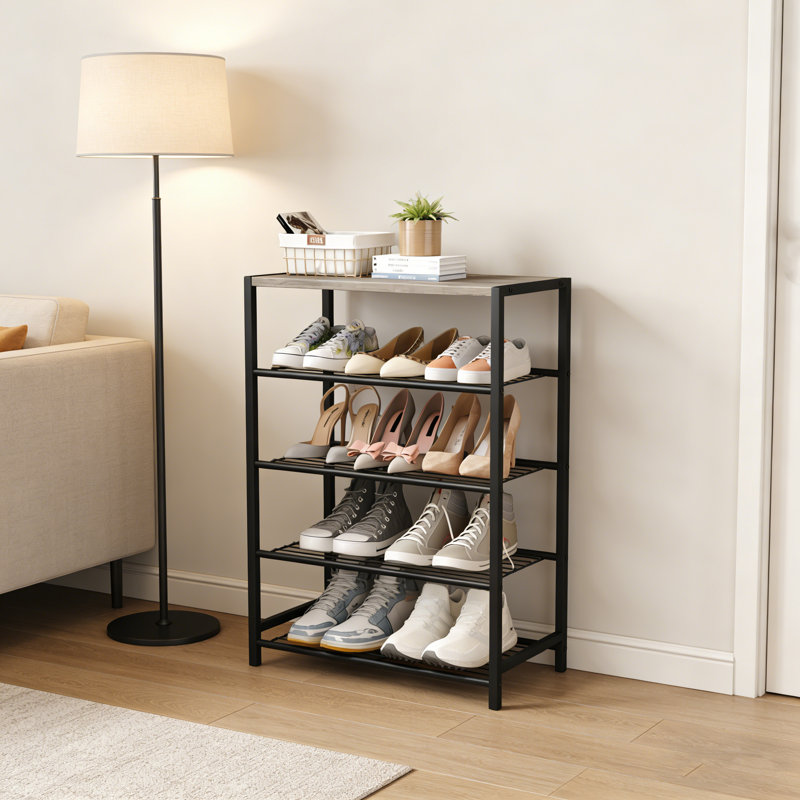 Industrial Narrow Shoe Storage Rack Tower – Freestanding Entryway Organizer With Durable Metal Shelves & Small Table Top