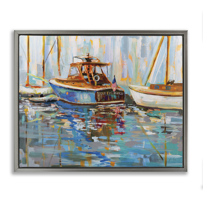 «Old Fashioned Boat Harbor», art mural encadré par Jeanette Vertentes, H 17 po x l 21 po, Cadre flottant gris lustré