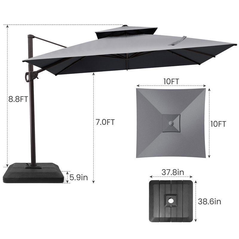 Parasol carré en porte-à-faux 10 pi x 10 pi avec base lestée, Dark Grey