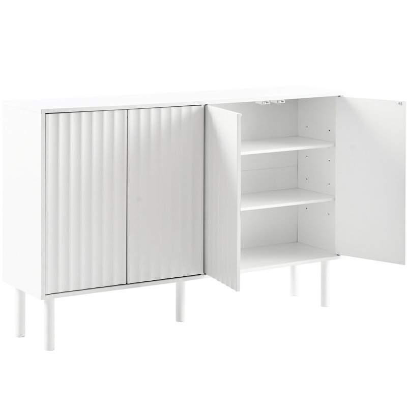 Armoire de rangement chic 55,1 * 13,7 * 35,4 pouces avec pieds en bois massif et portes cannelées, blanc, tablettes réglables pour le salon, le couloir, le vestibule, le placard, la cuisine, 4 portes, 5 tablettes