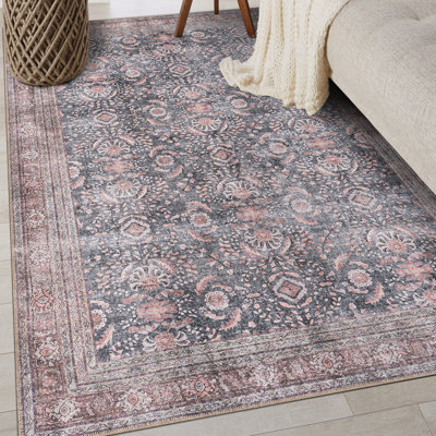 Labarbera Machine Washable Charcoal/Red Non-Slip Backing Area Rug