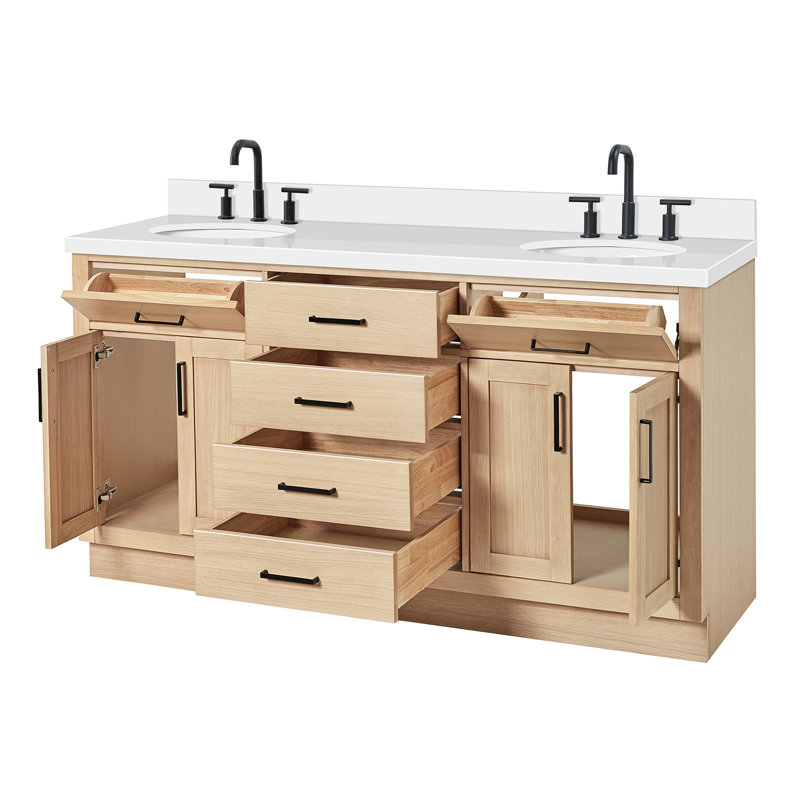 Ensemble de meuble-lavabo double en bois massif 66 po avec plateau en quartz blanc 1,5 po Thornaby, lavabos ovales, Ovale