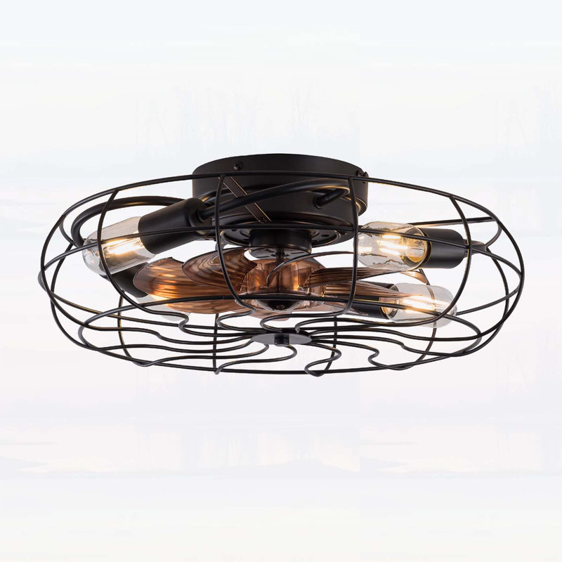 Ventilateur de plafond de style cage en fer forgé de 19 pouces avec télécommande et contrôle d'application, réglages réversibles à six vitesses pour décor de maison de campagne et industriel