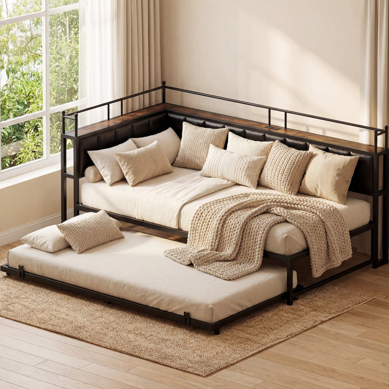 Lit de jour simple d'angle avec couchette, canapé-lit pour chambre d'amis, noir