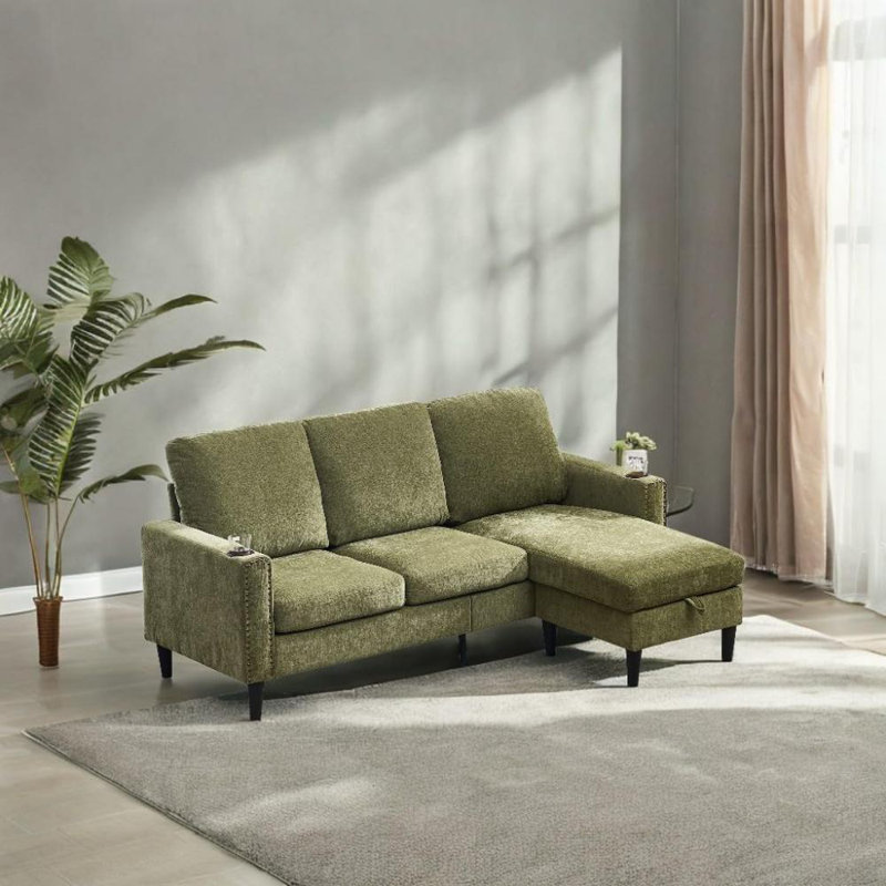 Upholstered L-Shaped 3-Seater Sectional Sofa with Footstool, Green