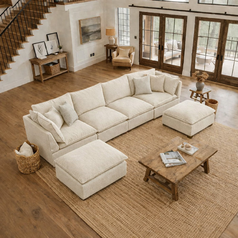 Modular Cloud Sectional Sofa, Ultra-Soft Chenille Upholstered Couch with Double Layer Cushions, Armless Design Deep Seat Sofa with Sturdy Wood Frame for Living Room, Apartment