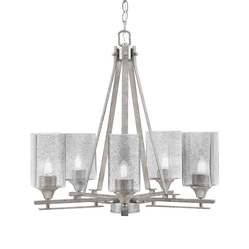Uptowne 5 Light Uplight Chandelier Shown In Aged Silver Finish With 3.5" Square Smoke Bubble Glass